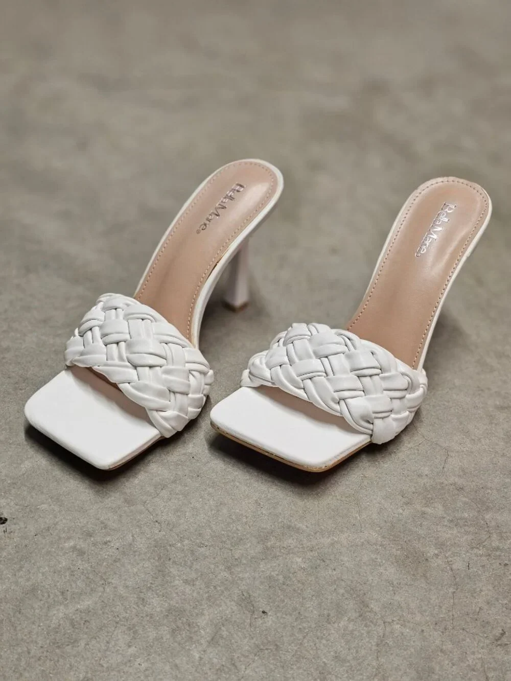 Braided White Heeled Mules With Square-Toe Design & Stiletto Heels